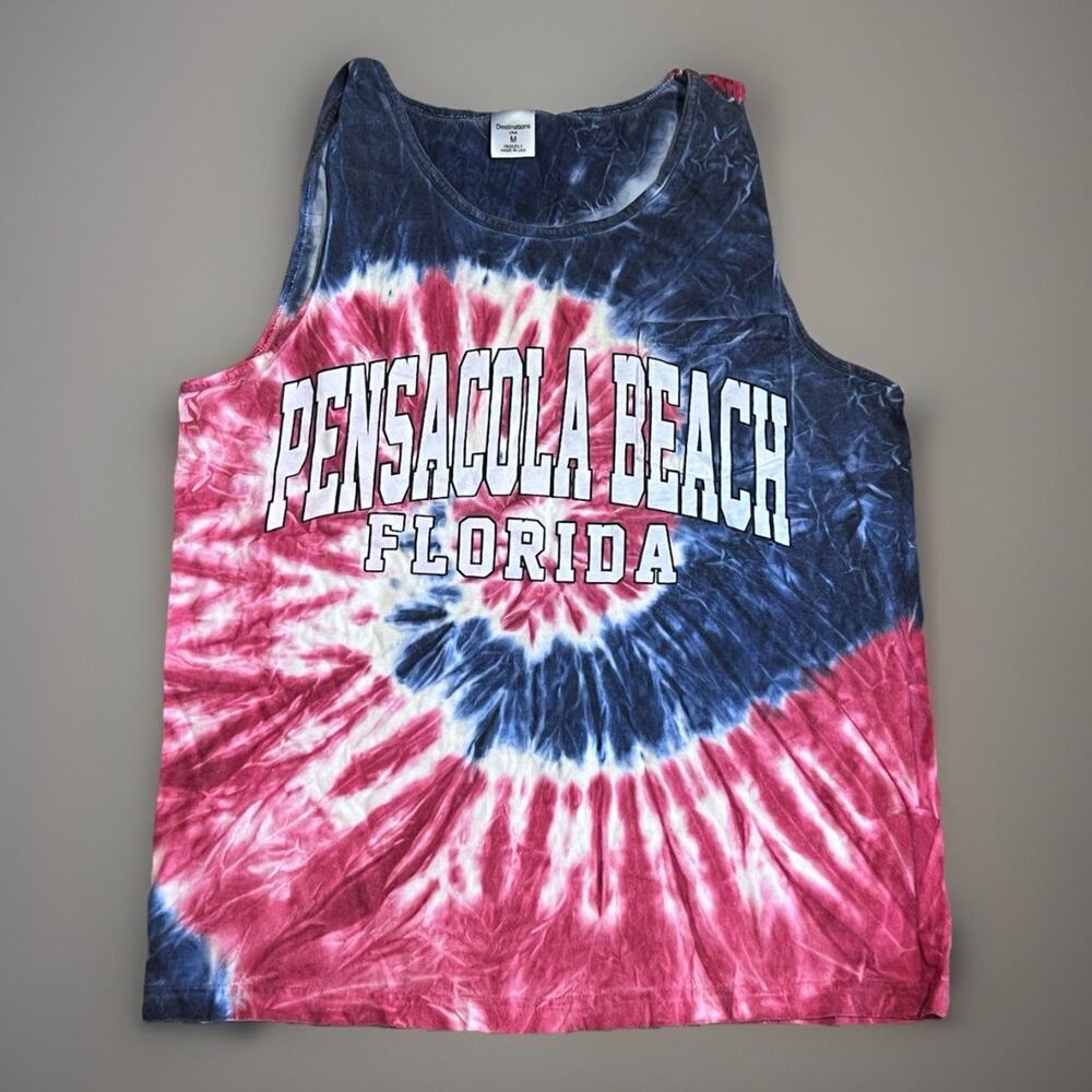 Vintage Pensacola Beach Florida Tie Dye Tank Top Red White & Blue Made in USA